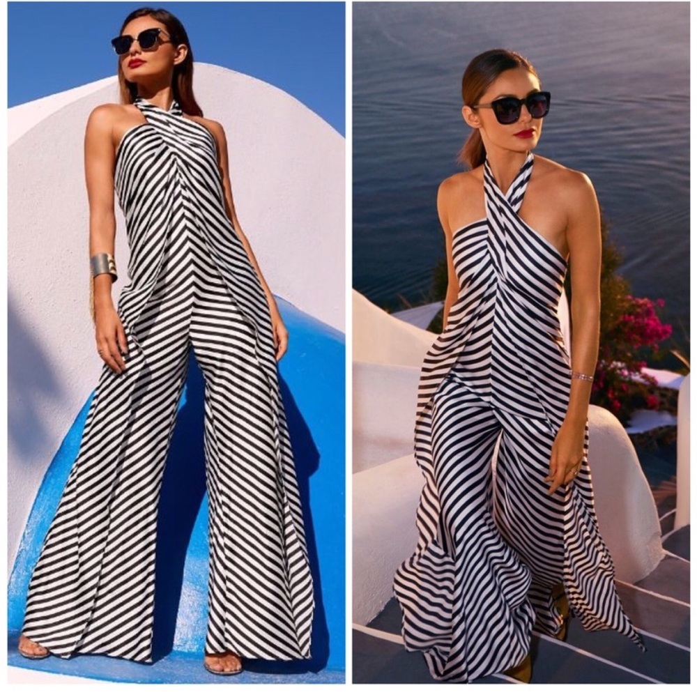 Boston Proper Black and White Striped Halter Jumpsuit